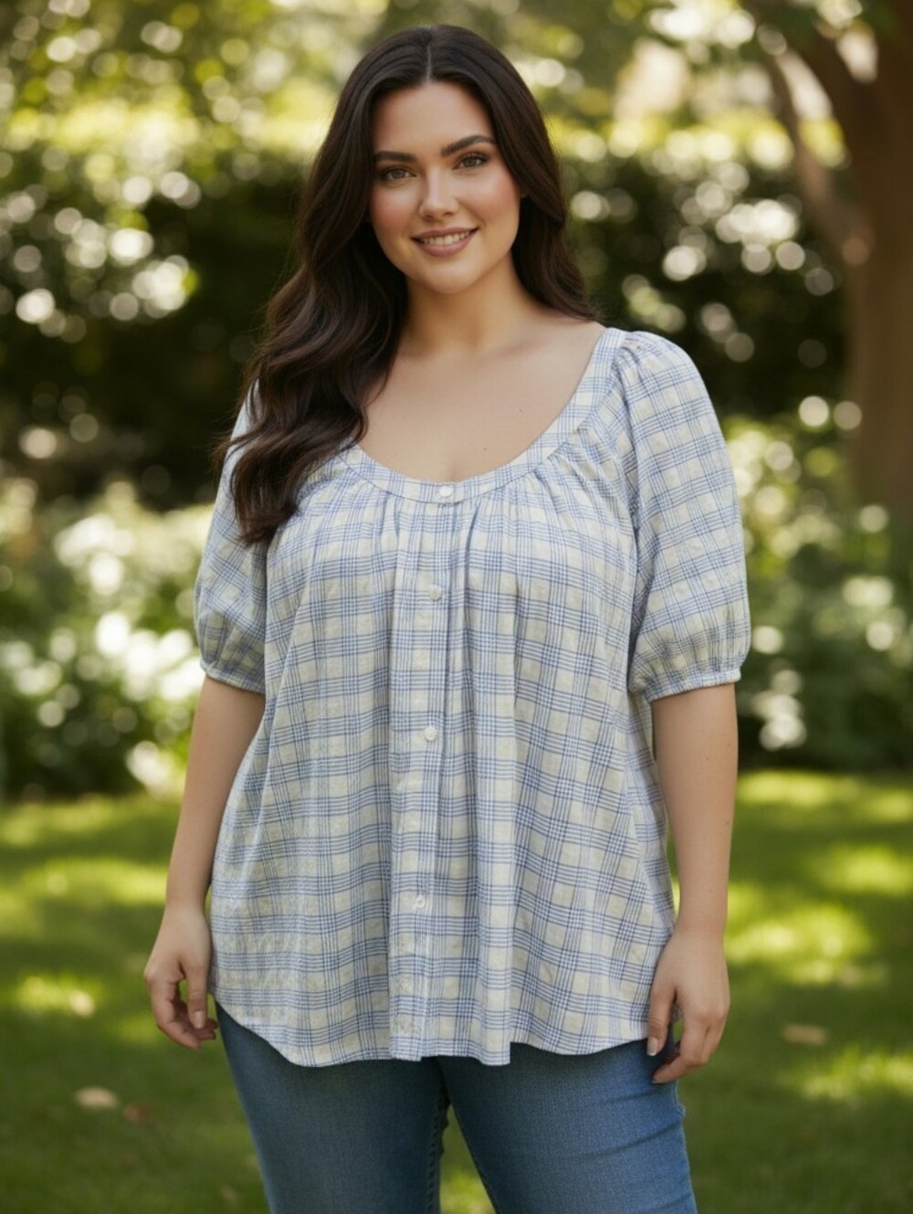 Universal Thread White and Light Blue Plaid Button-Front Blouse